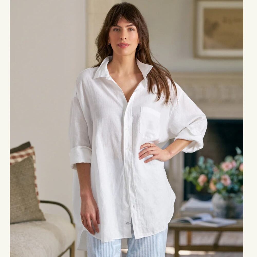 Frank & Eileen Mackenzie Linen Shirt White Oversized Size OS Button Up - Picture 2 of 11